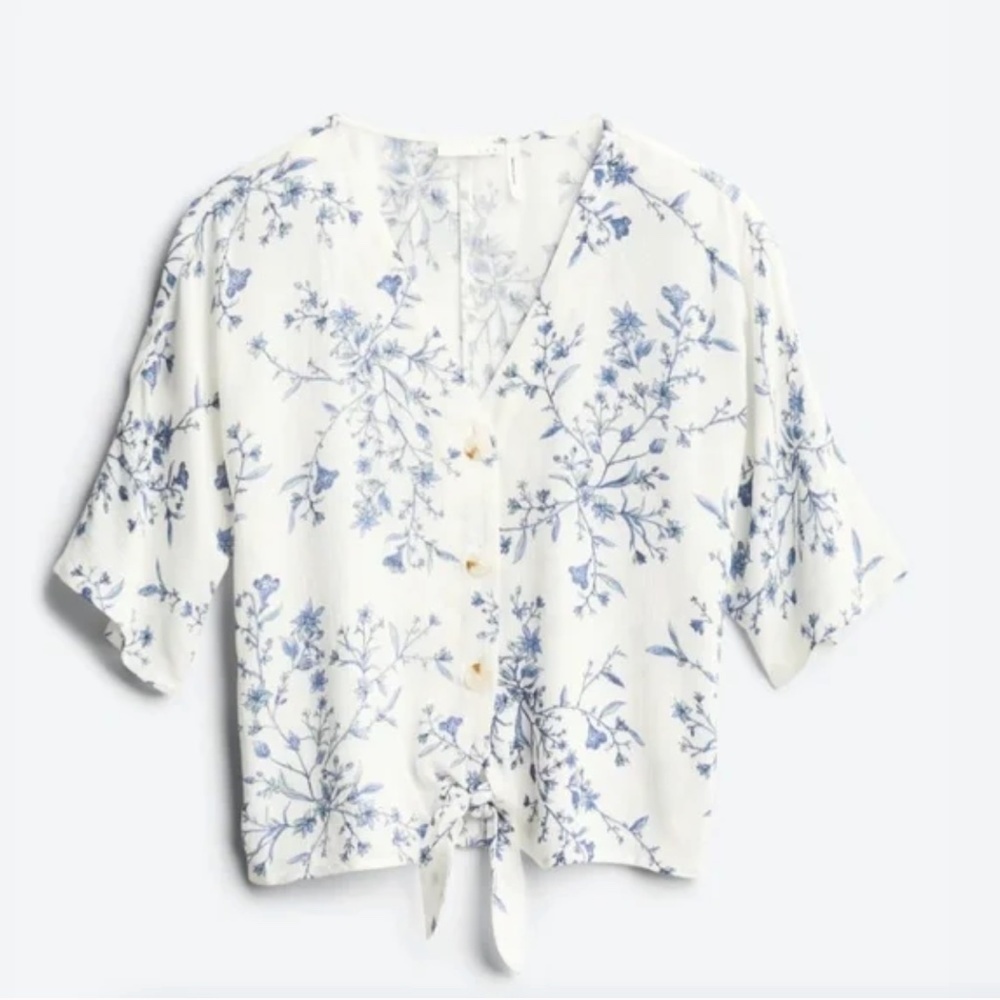 LUQ Blue Floral Front Tie White Blouse